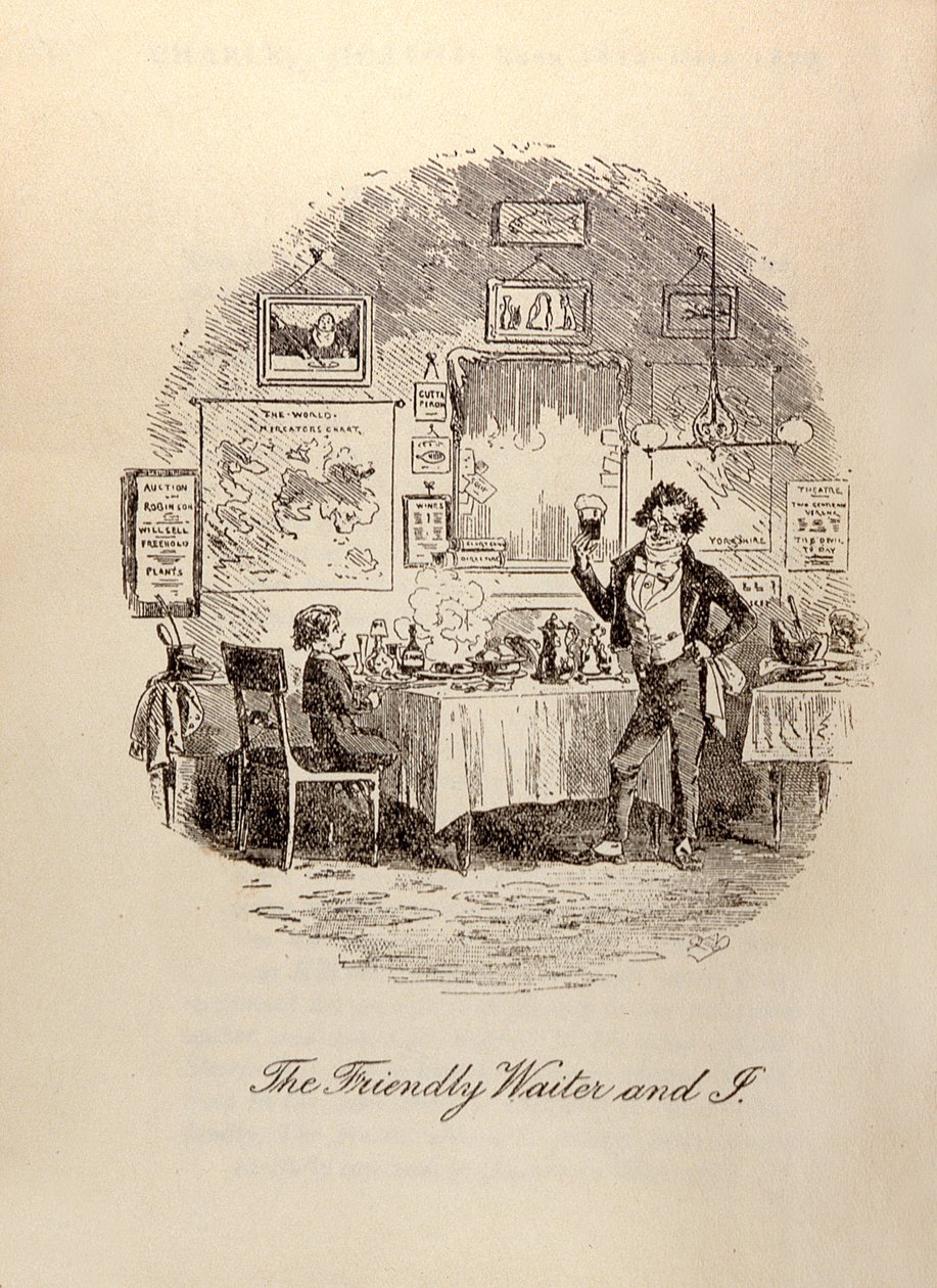 "Přátelský číšník a já" z knihy "David Copperfield" od Charlese Dickense (1812-70) od Hablot Knight Browne
