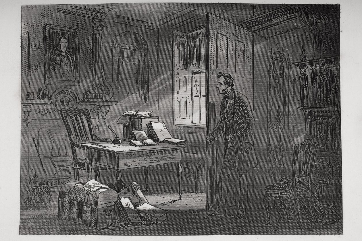 Pokoj s portrétem, ilustrace z „Little Dorrit“ od Charlese Dickense (1812-70), poprvé vydaná v roce 1857 od Hablot Knight Browne