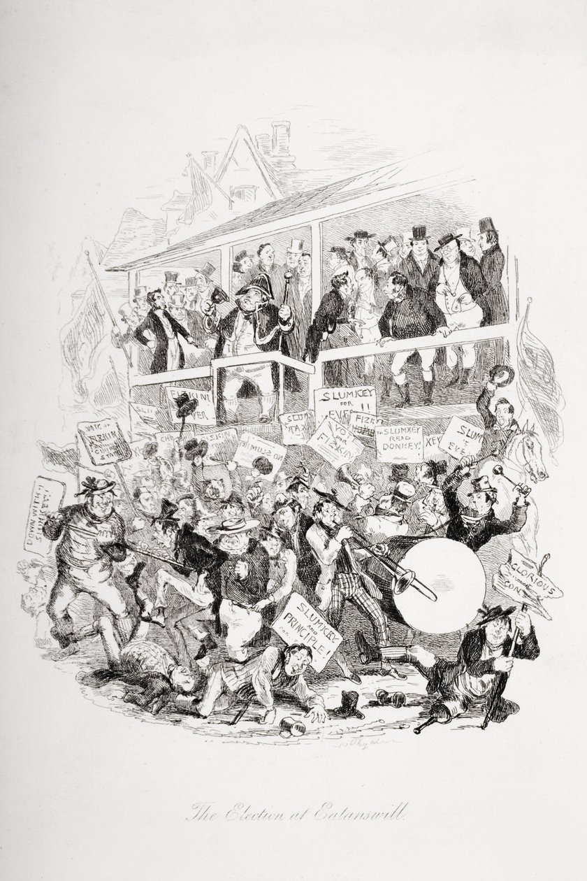 Volby v Eatanswill, ilustrace z „The Pickwick Papers“ od Charlese Dickense (1812-70) publikované v roce 1837 od Hablot Knight Browne