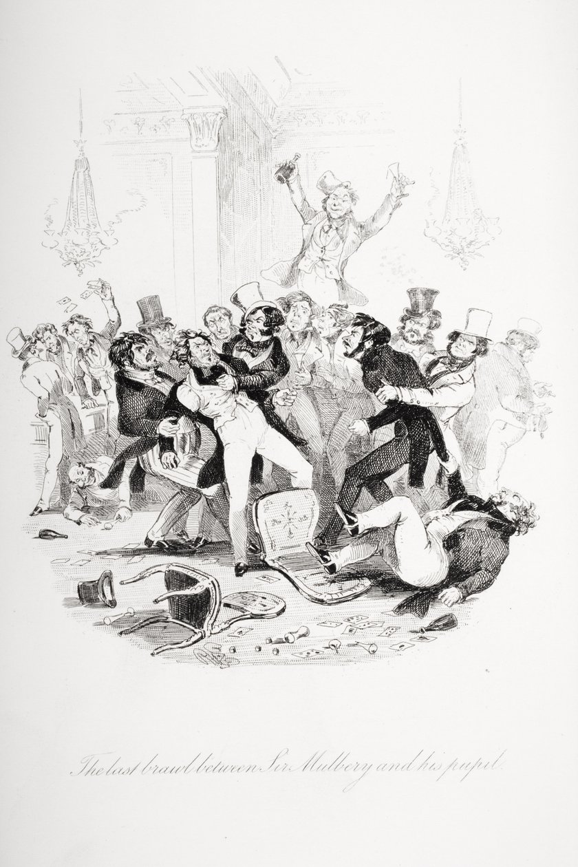 Poslední rvačka mezi sirem Mulberrym a jeho žákem, ilustrace z „Nicholase Nicklebyho“ od Charlese Dickense (1812-70) vydaného v roce 1839 (viz také 249149) od Hablot Knight Browne