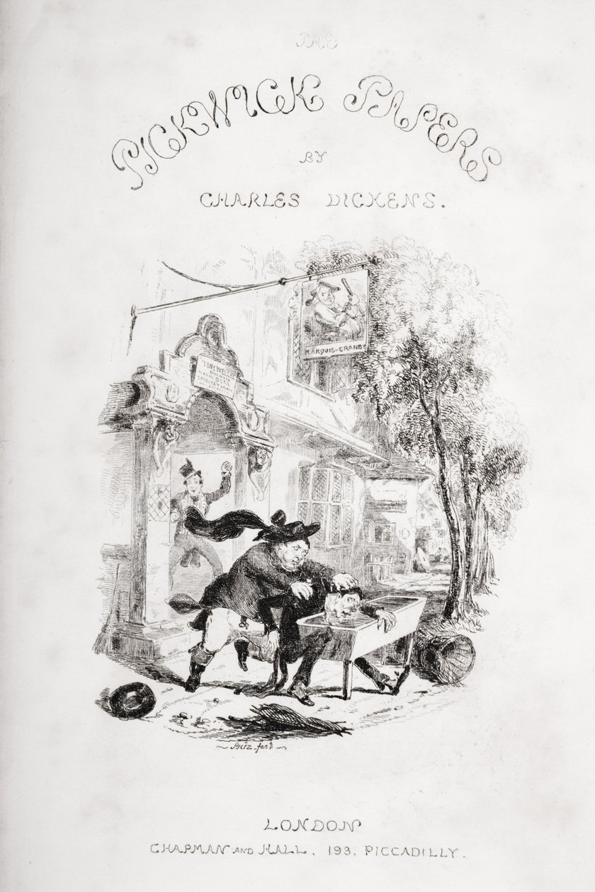 Titulní strana, ilustrace z „The Pickwick Papers“ od Charlese Dickense (1812-70) vydaného v roce 1837 od Hablot Knight Browne