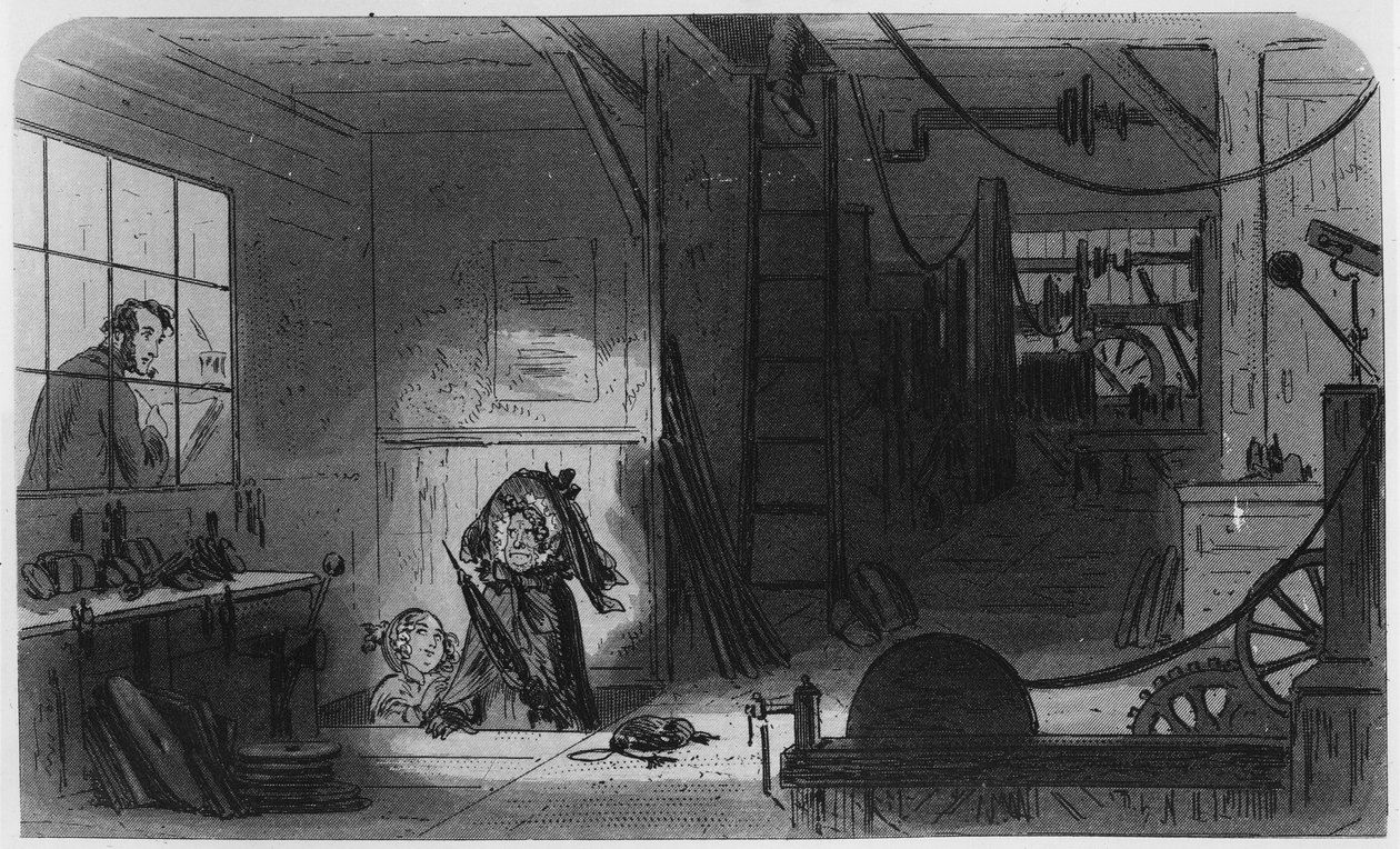 Návštěvníci v továrnách, ilustrace z „Little Dorrit“ od Charlese Dickense, 1857 od Hablot Knight Browne