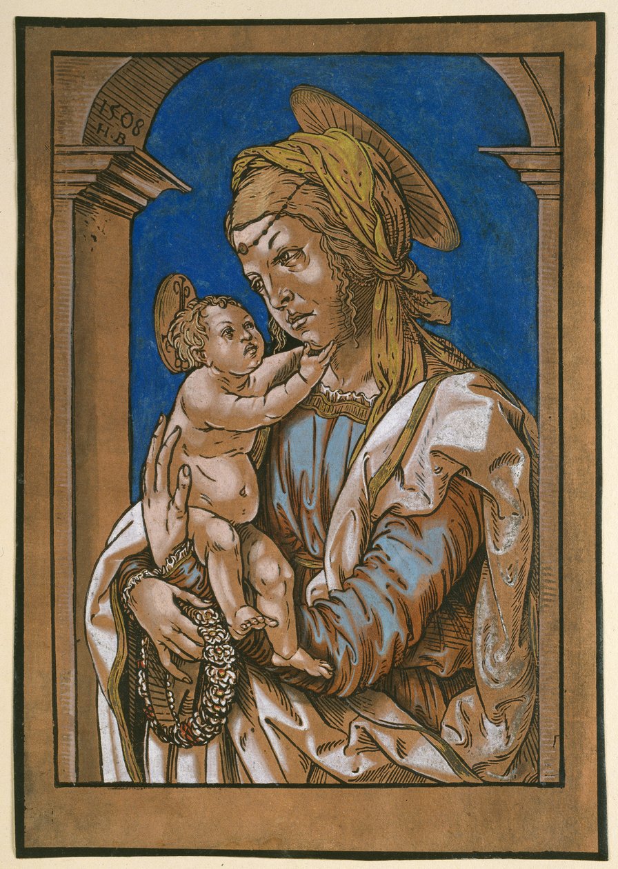 Madona s dítětem pod obloukem, 1508 (dřevořez, přepracovaný akvarelem a tělovou barvou) od Hans Burgkmair