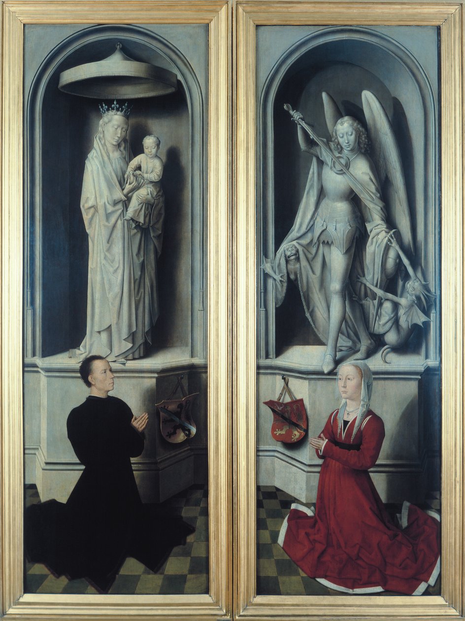 Pohled na Poslední soud se zavřenými panely, zobrazující dárce Angela di Jacopo Tani a jeho manželku Caterinu de Tanagli pod Madonou s dítětem a sv. Michalem, 1473 (viz od Hans Memling