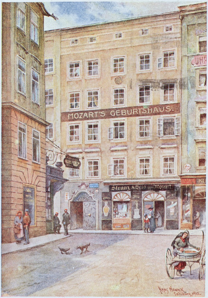 Pohlednice zachycující dům v Salcburku, kde se narodil Wolfgang Amadeus Mozart (1756-91), 1912 od Hans Nowack