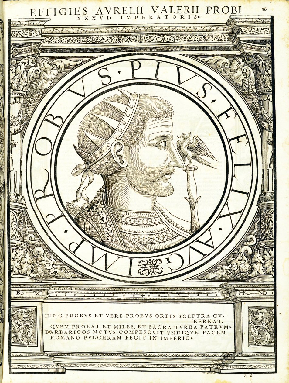 Probus, ilustrace z "Imperatorum romanorum omnium orientalium et occidentalium verissimae imagines ex antiquis numismatis", dřevoryt Rudolfa Wyssenbacha, vytiskl Andreas Gesner, Curych, 1559. od Hans Rudolf Manuel Deutsch