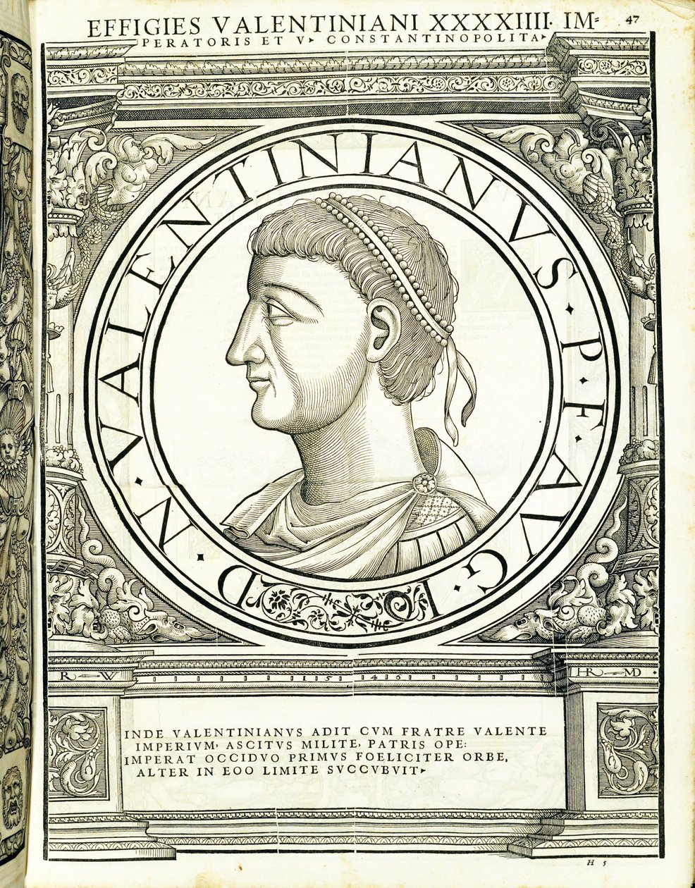 Valentinianus, ilustrace z Imperatorum romanorum omnium orientalium et occidentalium verissimae imagines ex antiquis numismatis, dřevoryt Rudolpha Wyssenbacha, vytiskl Andreas Gesner, Curych, od Hans Rudolf Manuel Deutsch