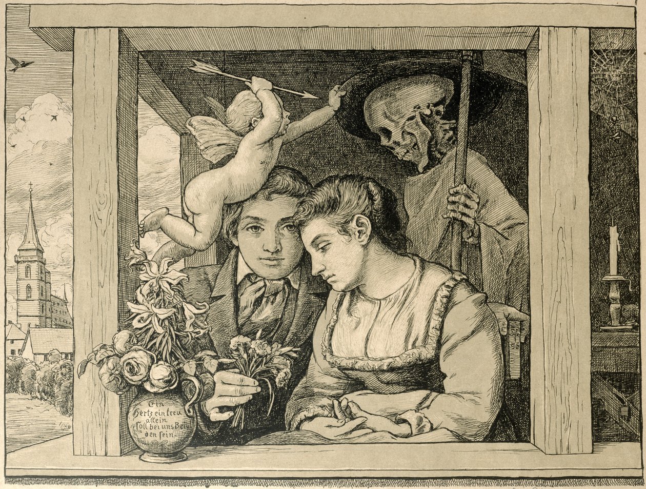 Reaper Death (Láska a smrt, Novomanželé) 1896 (rytina na hnědém papíře) od Hans Thoma