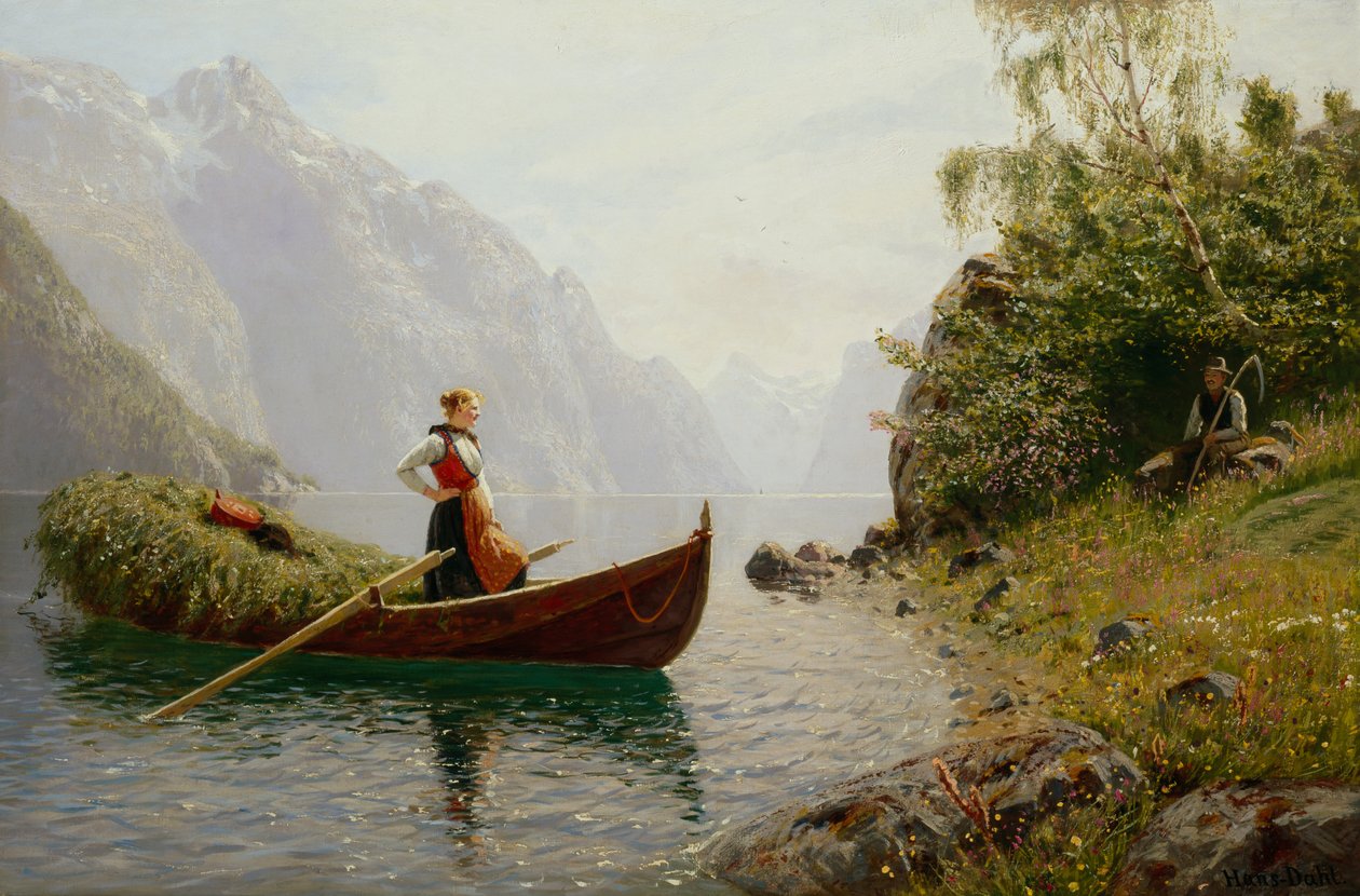 Žena a muž v krajině fjordu od Hans Dahl