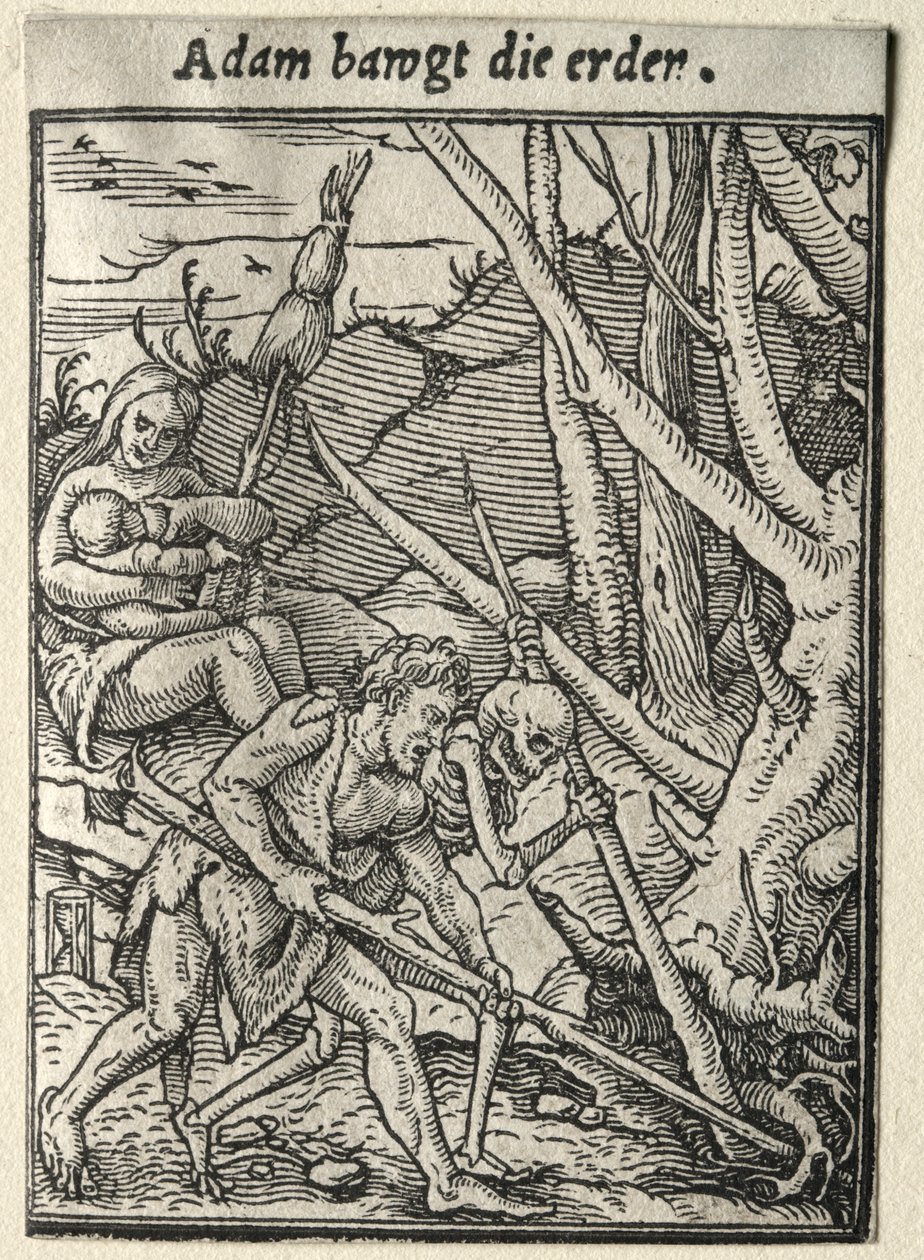 Tanec smrti: Adam obdělává půdu. od Hans Holbein