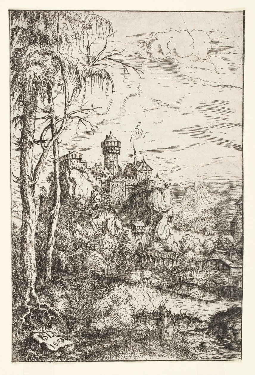 Krajina s hradem a mostem od Hans Sebald Lautensack