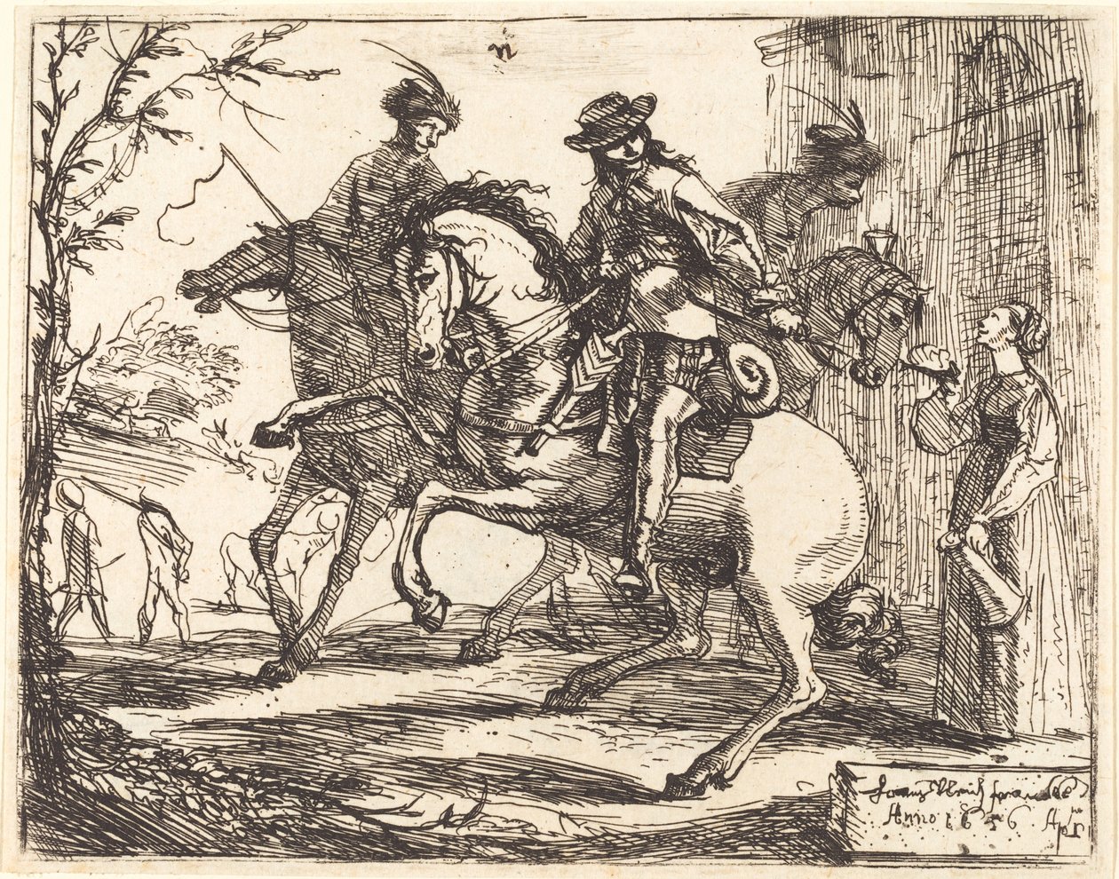 Tři jezdci před hostincem od Hans Ulrich Franck