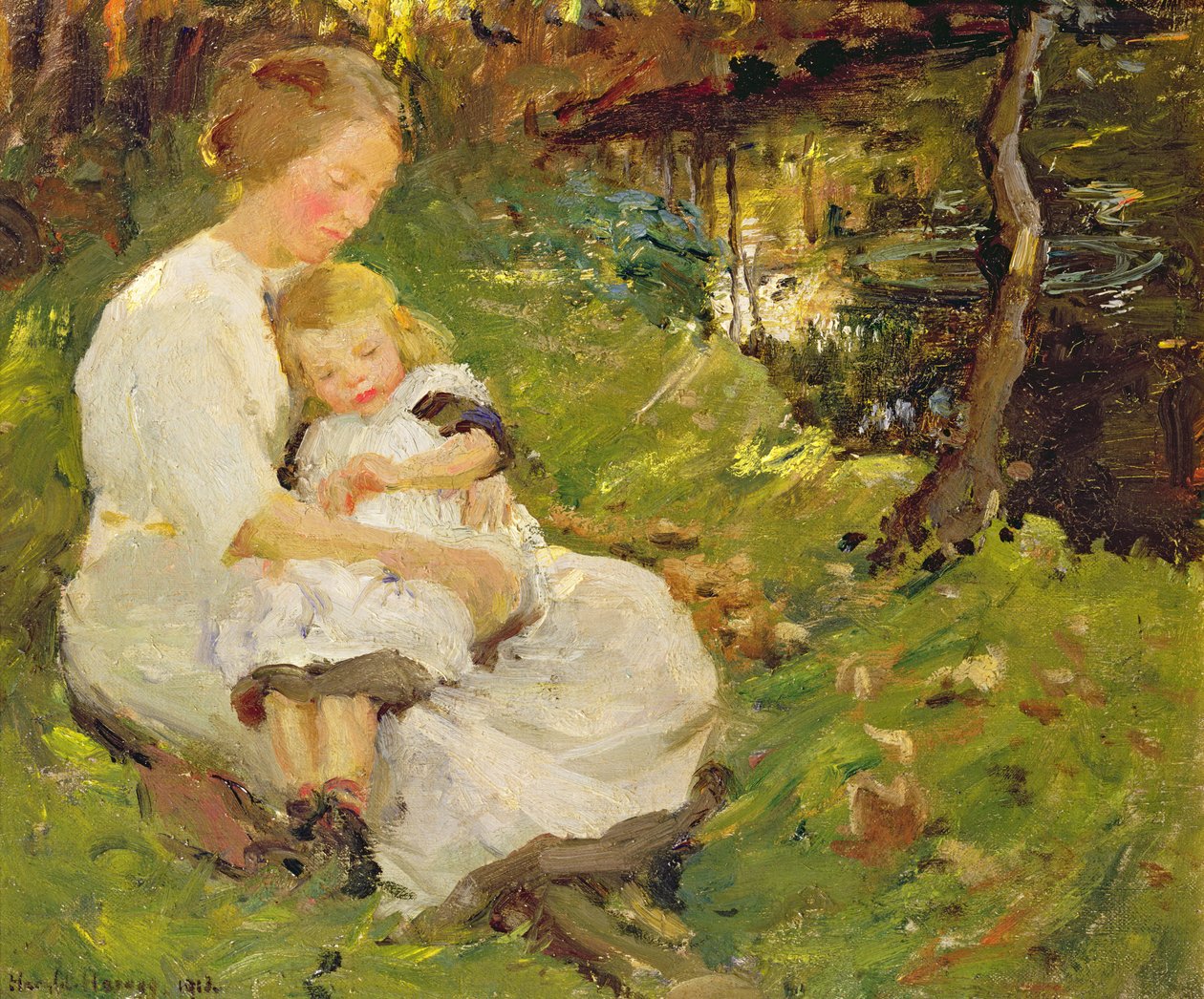 Matka a dítě v zalesněné krajině od Harold Harvey