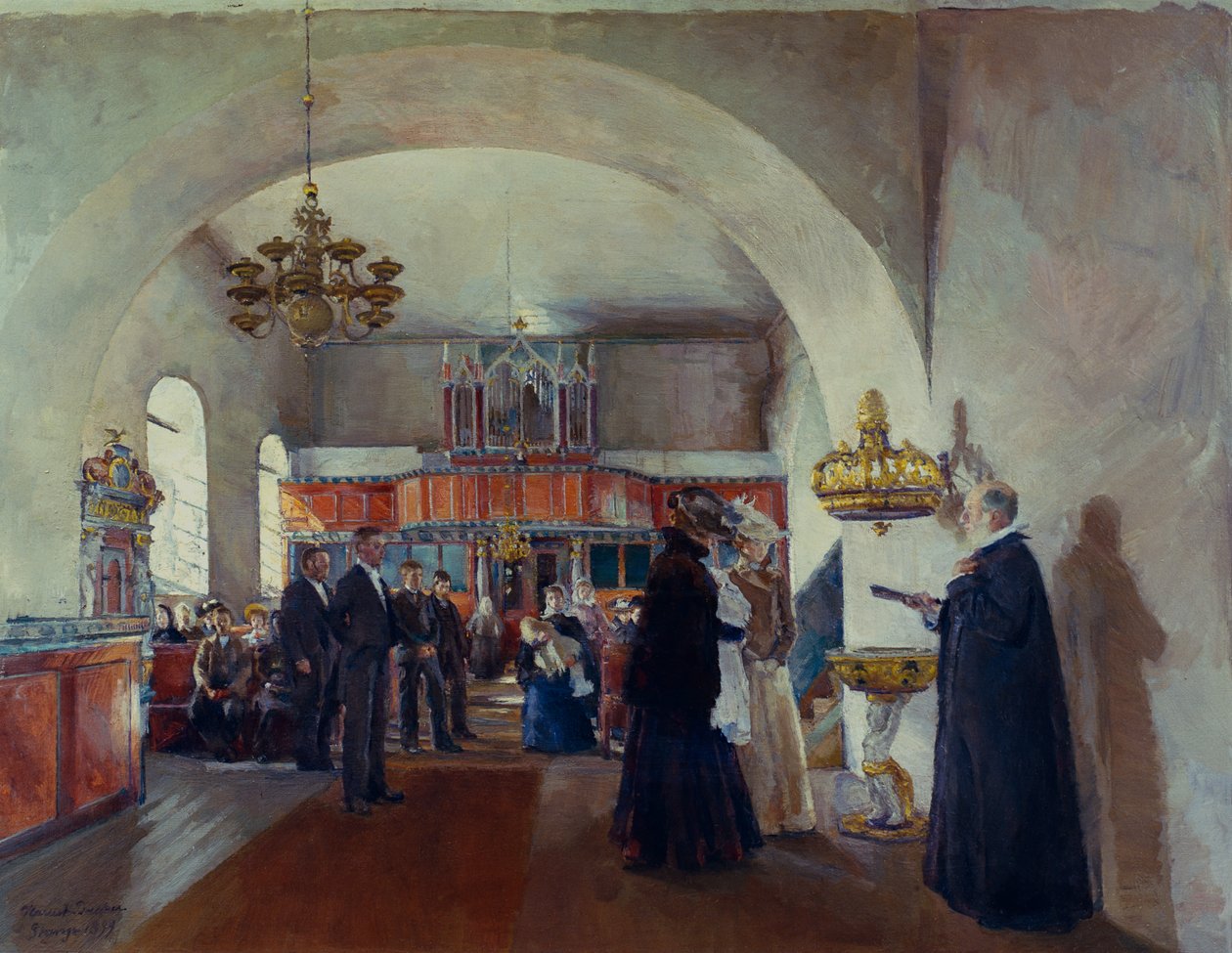 Křtiny v kostele Stange od Harriet Backer