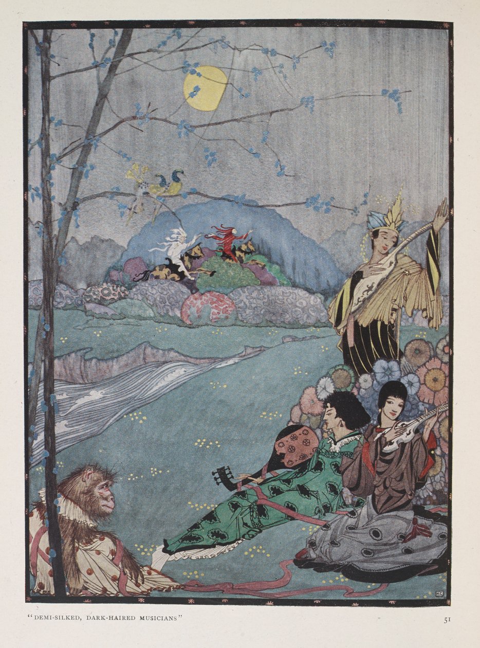 Arábie. "Demi-hedvábní tmavovlasí hudebníci" od Harry Clarke