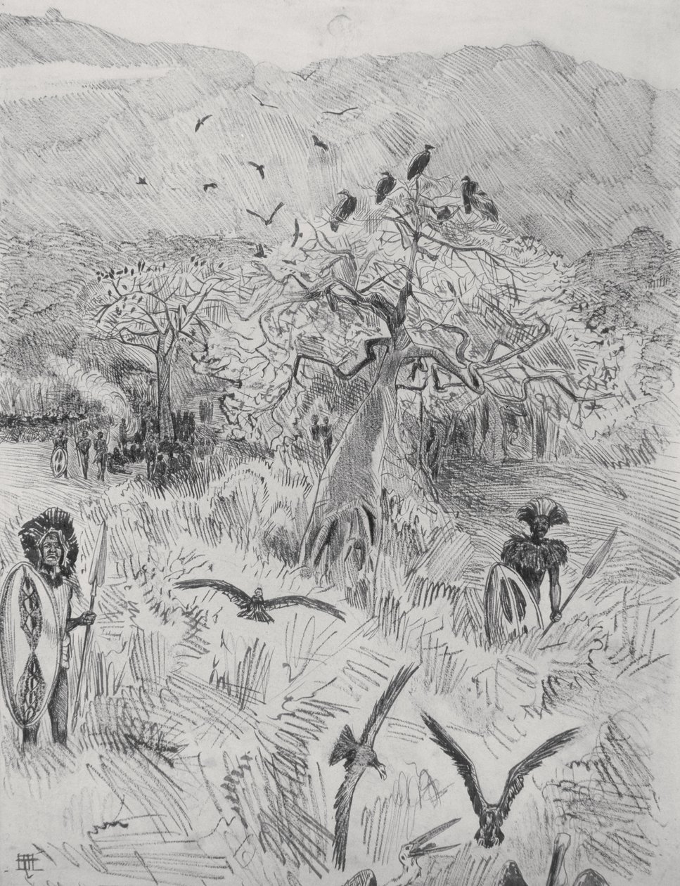 Masai Camp, kolem roku 1884 (pero na papíře) od Harry Hamilton Johnston