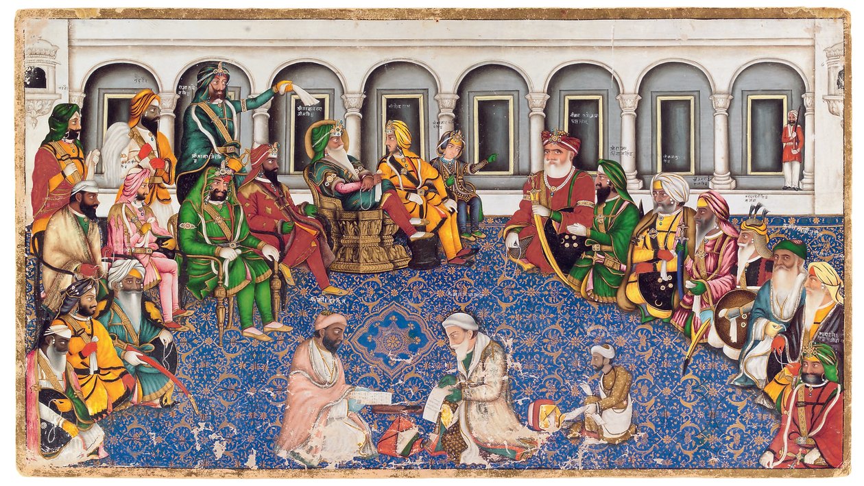 Darbar maharadže Ranjit Singh, kolem roku 1850 (neprůhledné wc a zlato na papíře) od Hasan al Din