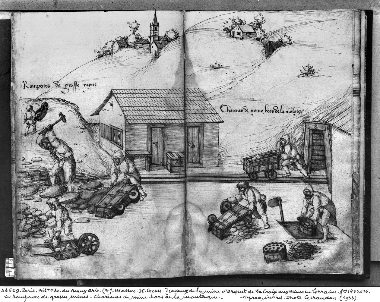 Stříbrný důl La Croix-aux-Mines, Lorraine, fol.14v a fol.15r, lámání a přenášení rudy, kolem 1530 (pero a inkoust a wc na papíře) od Heinrich Gross or Groff