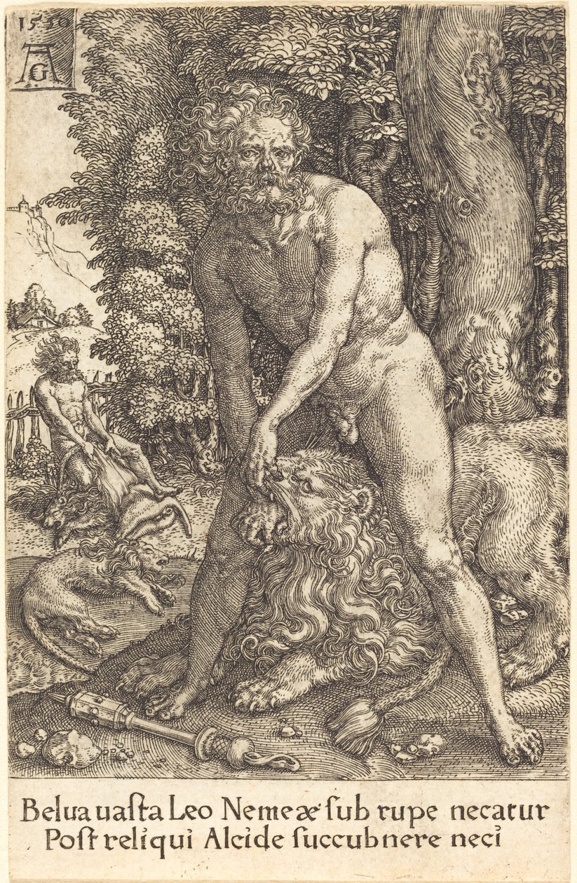 Hercules zabíjející lva z Nemea od Heinrich Aldegrever