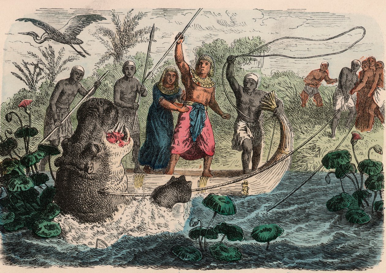 Starověký Egypt: Faraon lovící hrocha, 1866 od Heinrich Leutemann