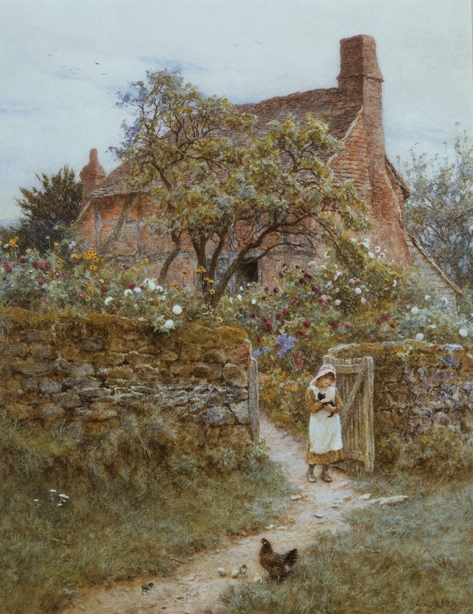 Černé kotě (akvarel s škrábáním) od Helen Allingham