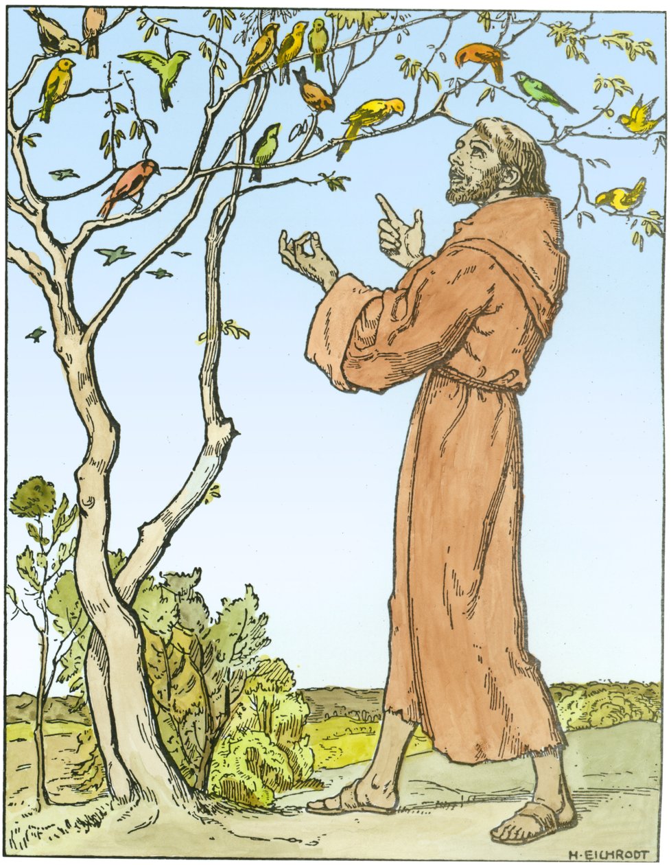 Sv. František z Assisi (asi 1181-1226) káže ptákům (pozdější zbarvení) od Hellmut Eichrodt