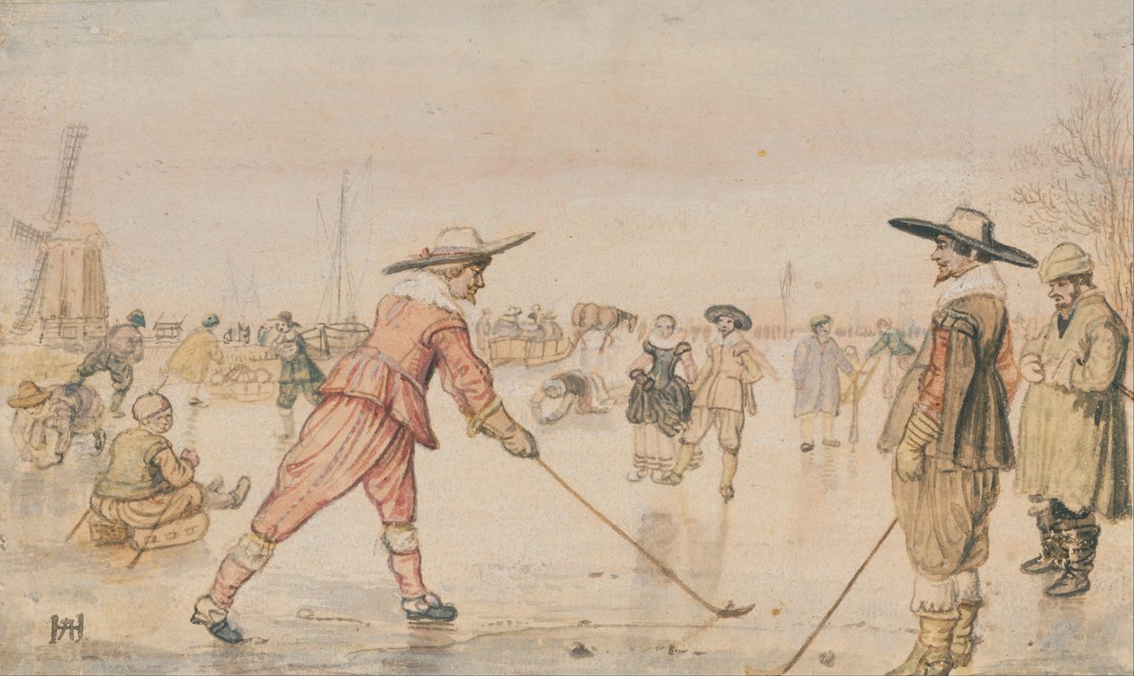 Zimní scéna se dvěma gentlemany hrajícími golf od Hendrick Avercamp