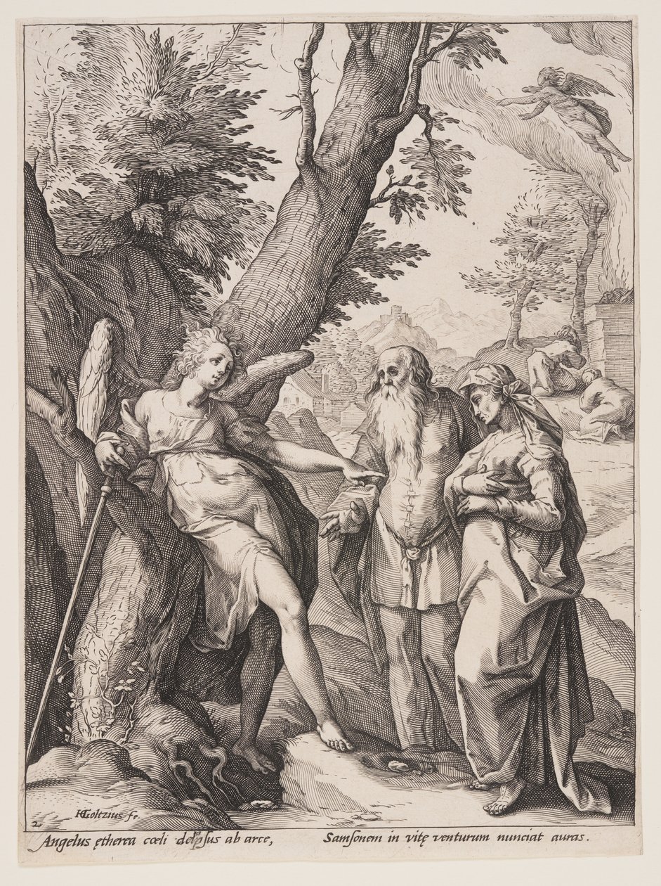 Anděl s Manóachem a jeho ženou od Hendrick Goltzius