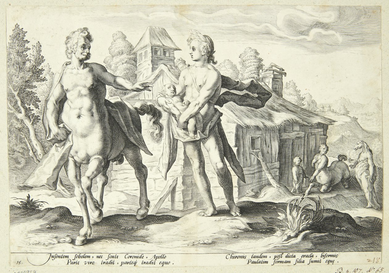 Apollo pověří Cheironovi Asklépiovo vzdělání od Hendrick Goltzius