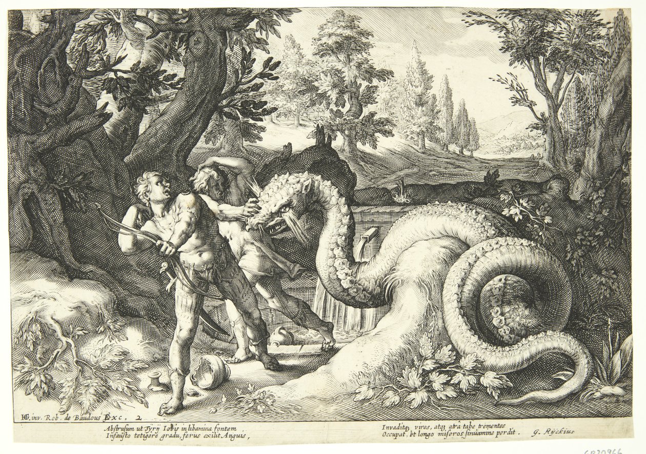Drak požírá Kadmosovy společníky od Hendrick Goltzius