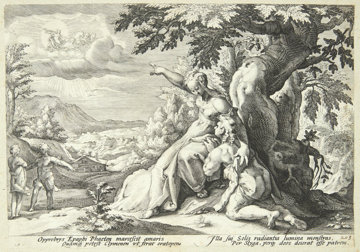 Clymene povzbuzuje Phaeton, aby našel Hélia od Hendrick Goltzius