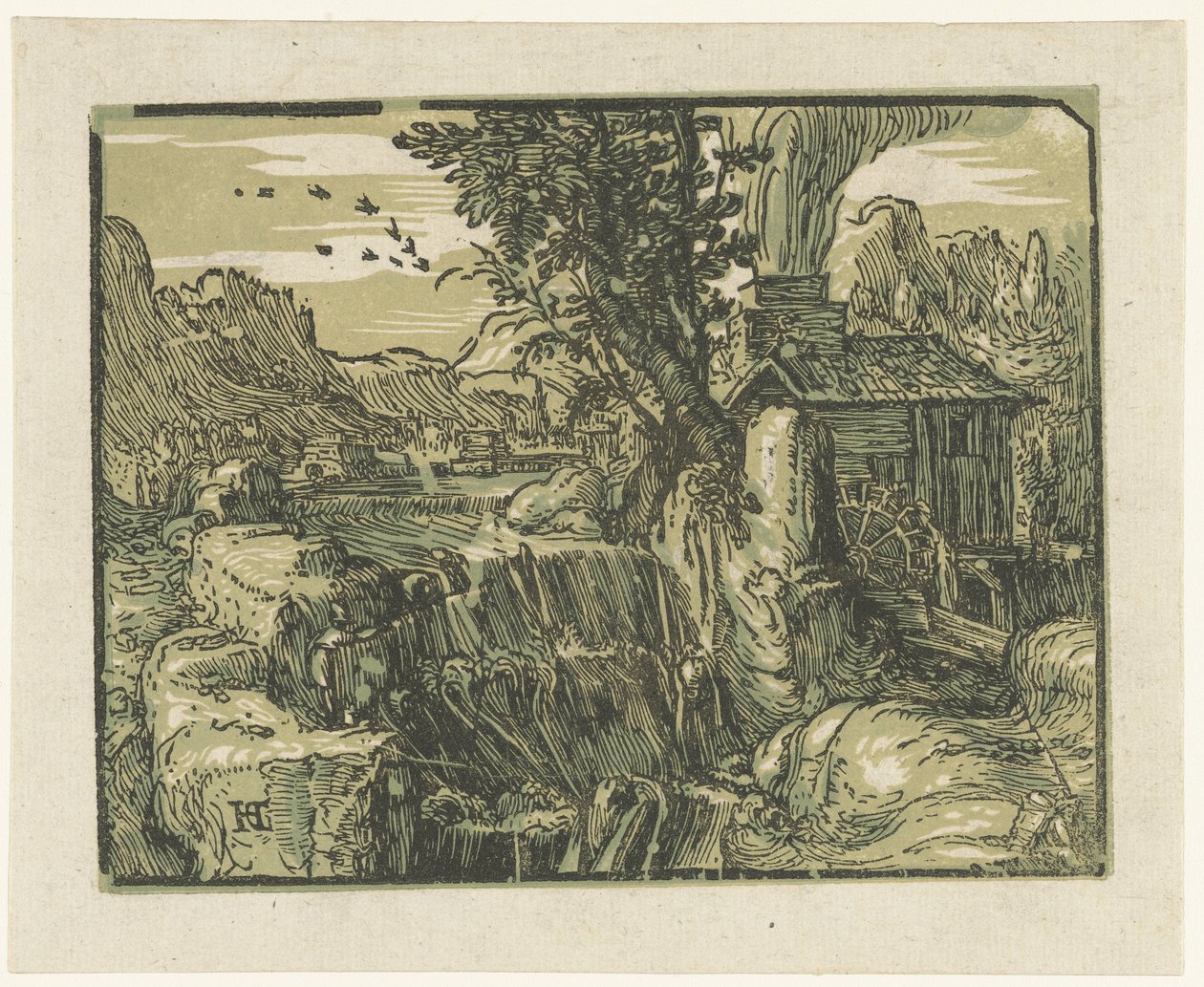 Krajina s vodopádem Čtyři malé krajiny (název série) od Hendrick Goltzius