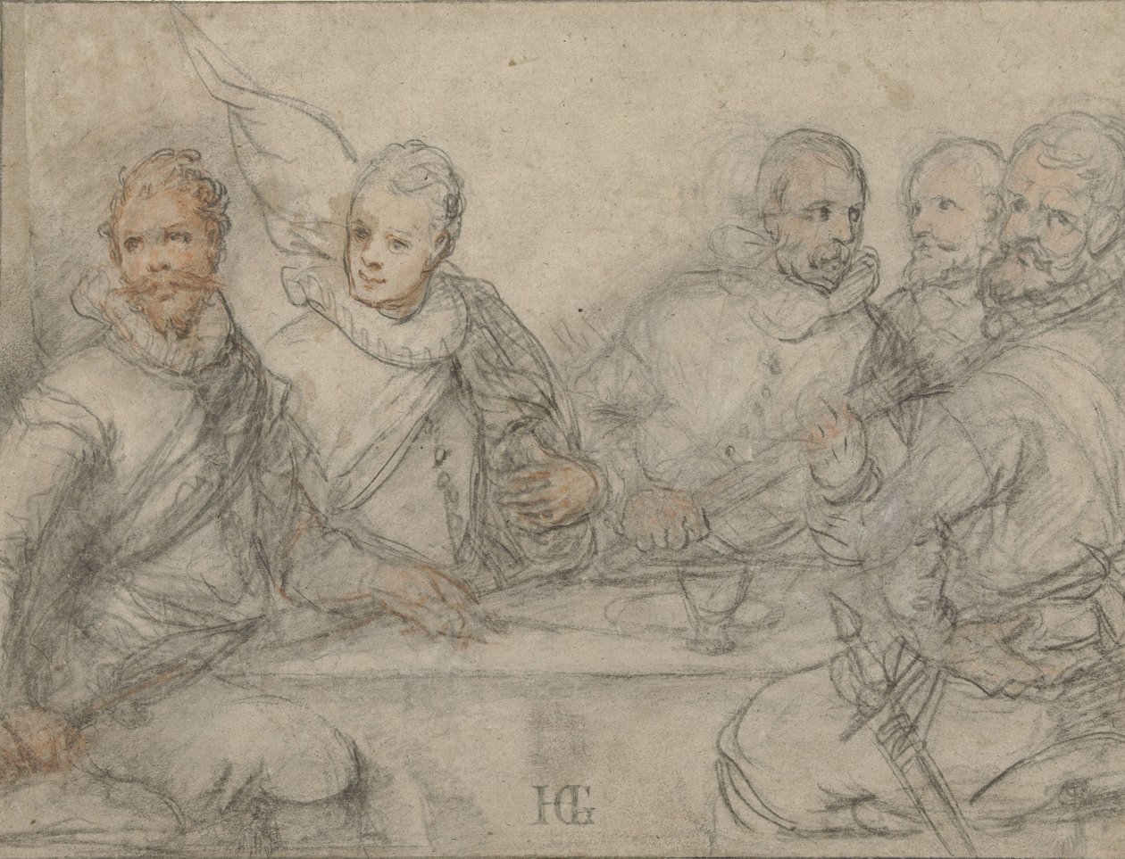 Pět důstojníků, studujte na jídlo pro ozbrojence. od Hendrick Goltzius