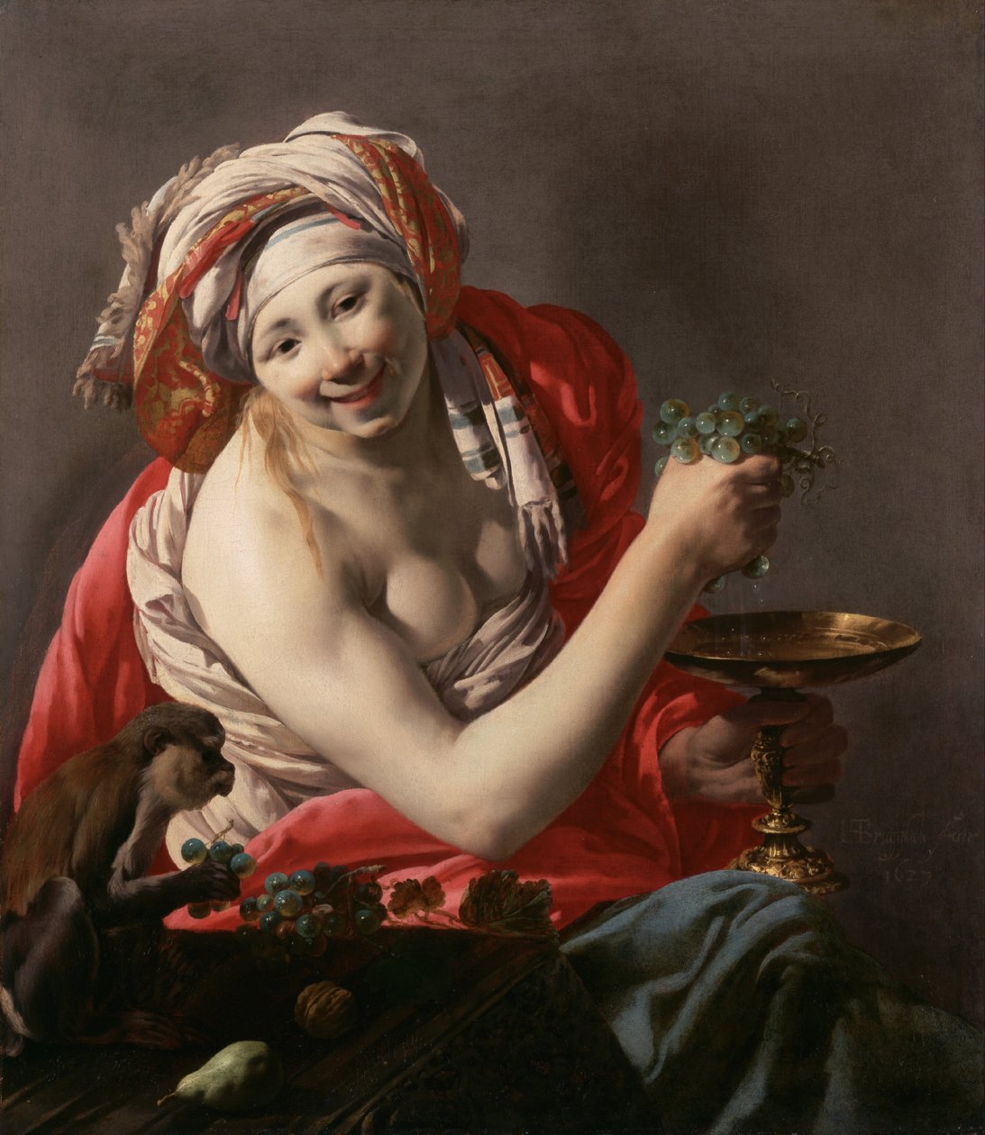 Bacchante s opicí, 1627 od Hendrick Jansz Terbrugghen