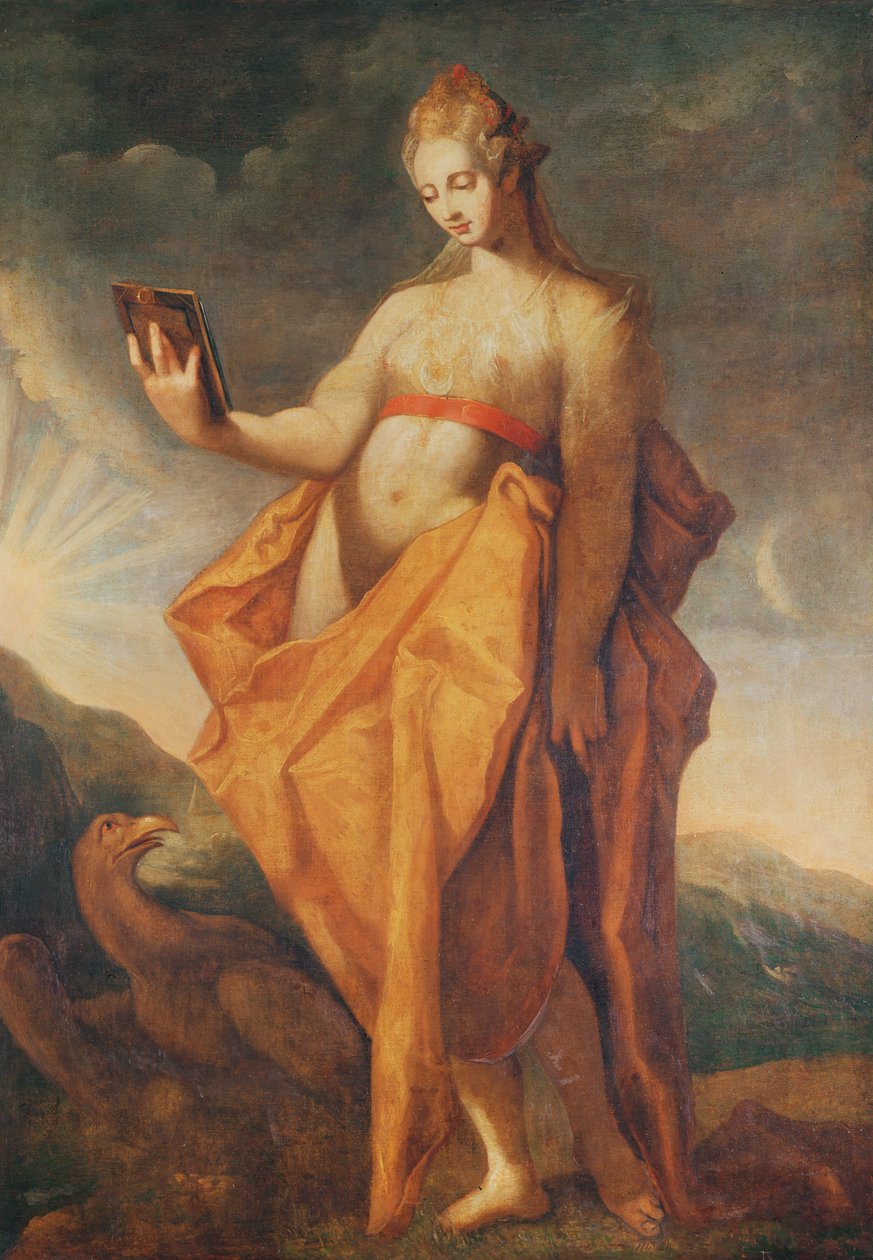Leto, těhotná s dvojčaty Artemis a Apollo, s orlem Dia u nohou od Hendrik Goltzius
