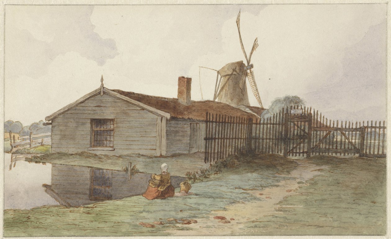 Větrný mlýn s dřevěnými budovami poblíž Amsterdamu od Hendrik Abraham Klinkhamer