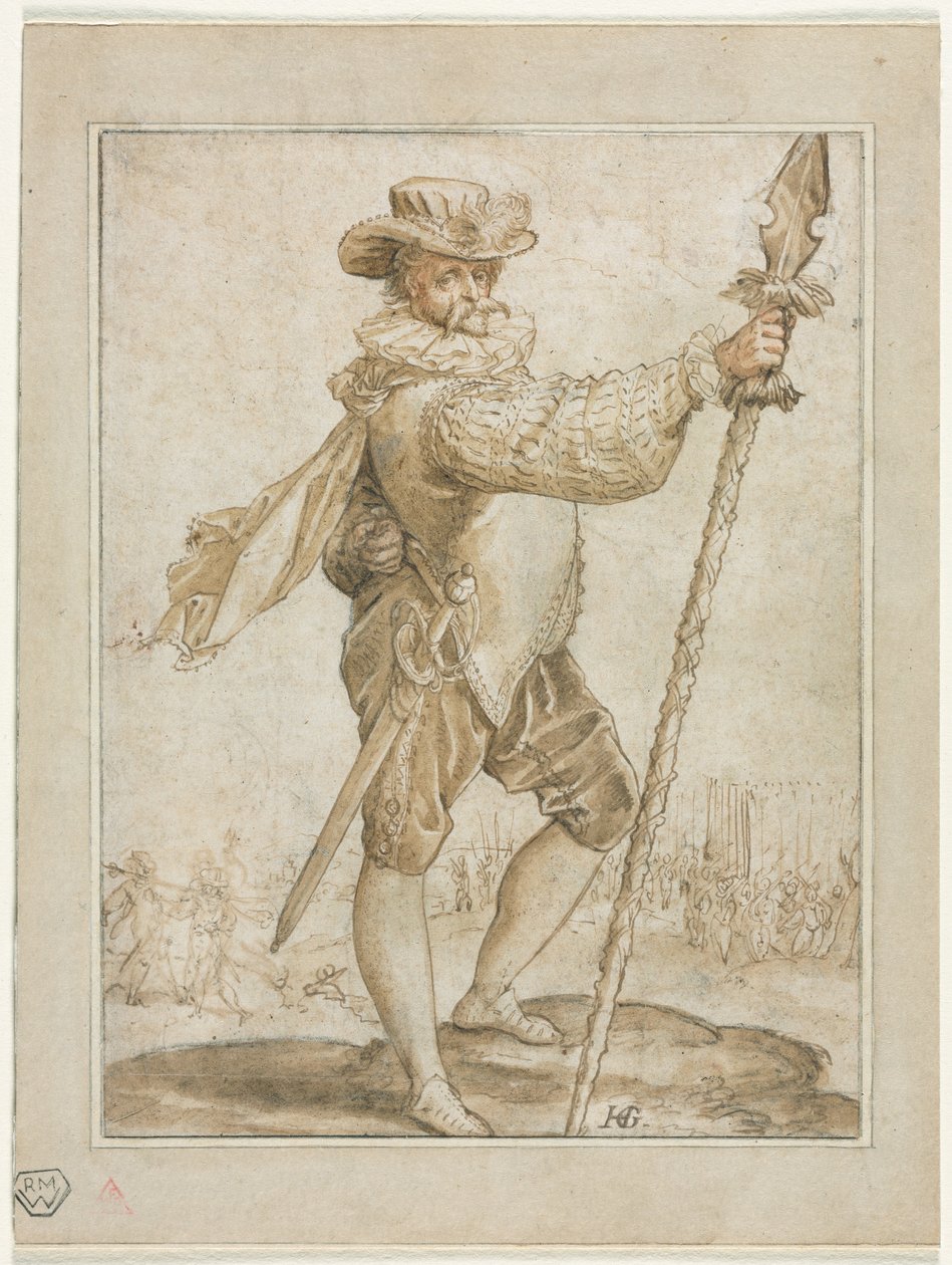 Stálý důstojník držící kopí kance, 1586. od Hendrik Goltzius