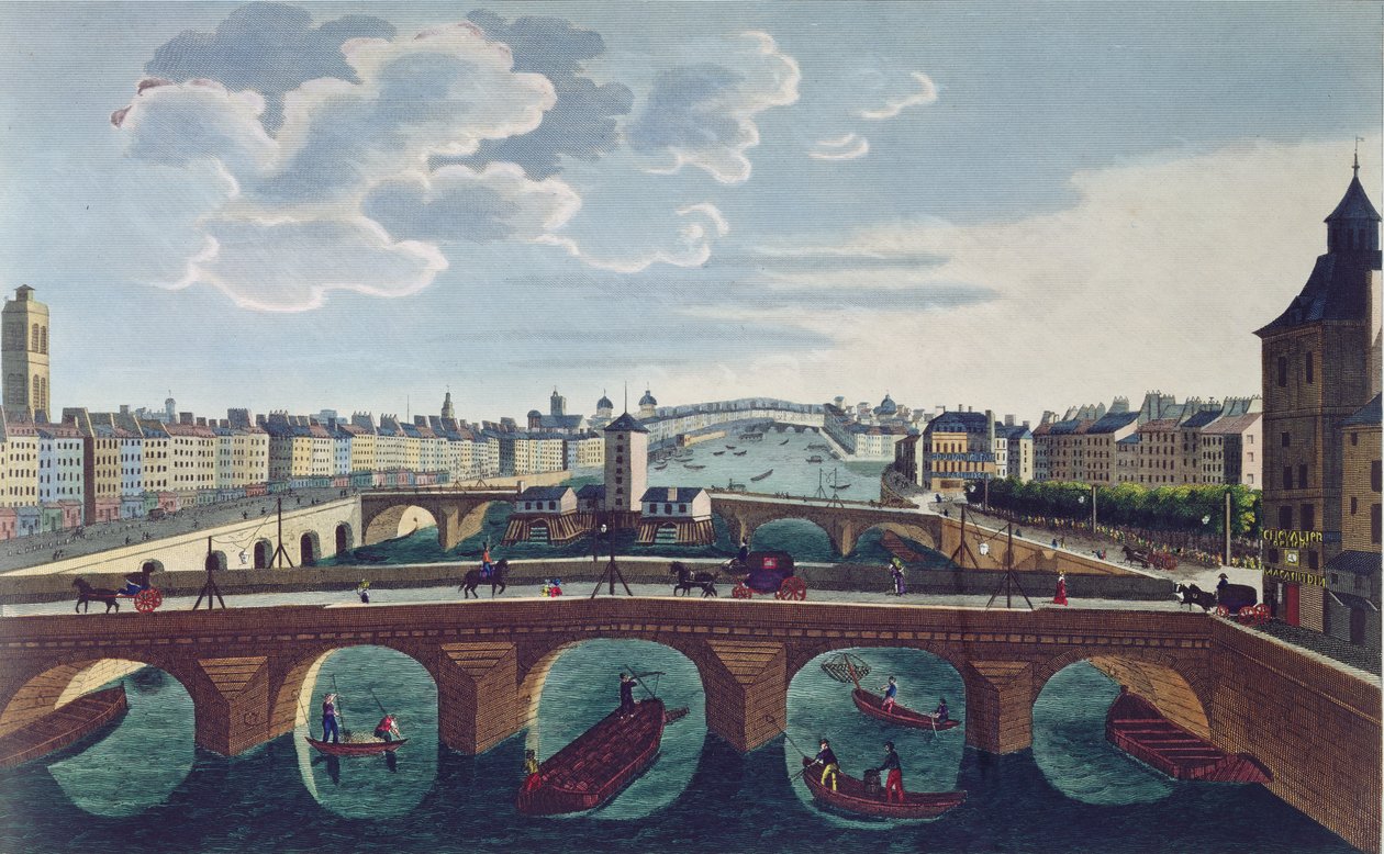 Pont au Change a Pont Notre Dame, asi 1815-20 (barevná rytina) od Henri Courvoisier Voisin