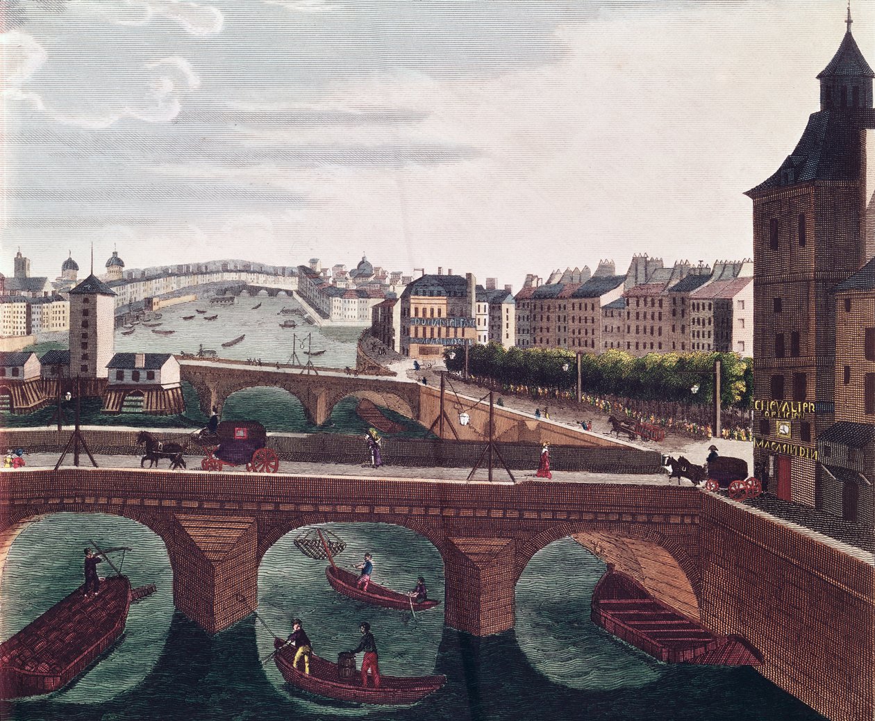 Pont au Change a Pont Notre Dame, kolem 1815-20 detail barevné rytiny z 220485 od Henri Courvoisier Voisin
