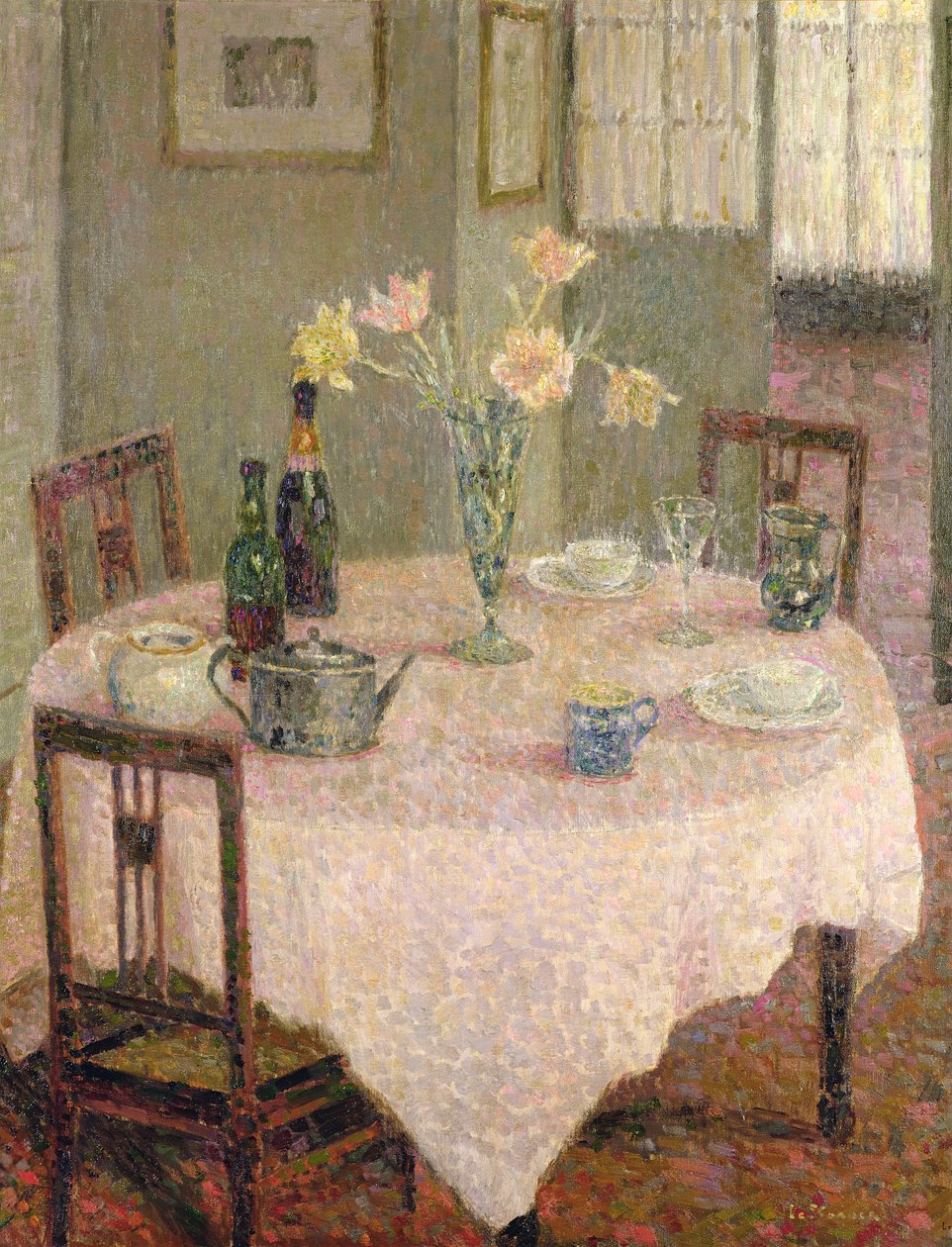 Interiér s růžovým ubrusem od Henri Eugene Augustin Le Sidaner