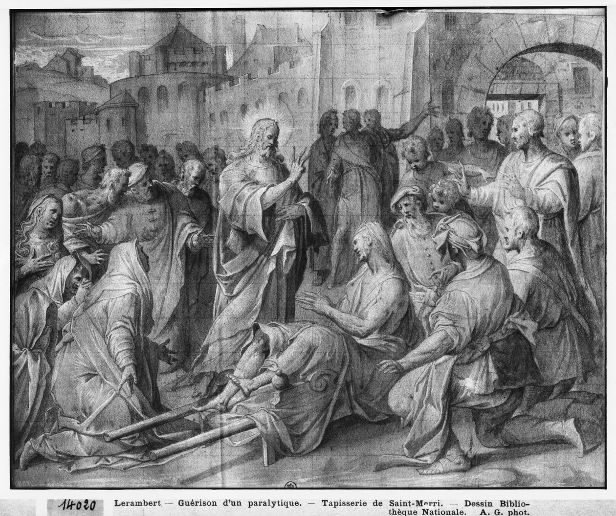 Život Krista, Ježíš uzdravuje ochrnutého v Kafarnaum, přípravné studium kreslené tapisérie pro kostel Saint-Merri v Paříži, kolem 1585-90 (pierre noire und wash a bílé zvýraznění na papíře) od Henri Lerambert
