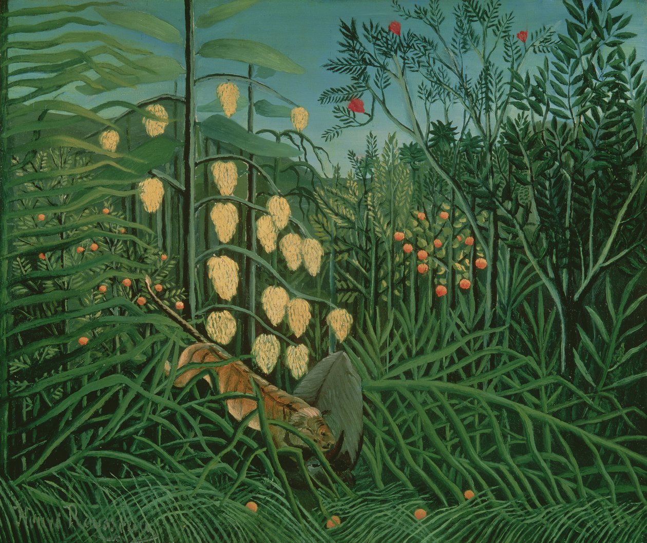Tropický les: Boj s tygrem a buvolem, 1908 od Henri Rousseau