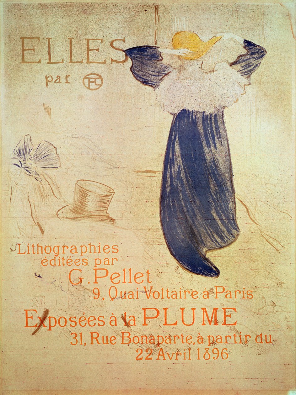 Frontispis „Elles“ pro výstavu z roku 1896 v La Plume, 31 rue Bonaparte, Paříž od 22. dubna. Editions G Pellet, 9 quai Voltaire, Paříž, 1896 (pastel, štětec a stříkaná litografie tištěná ve čtyřech od Henri de Toulouse Lautrec