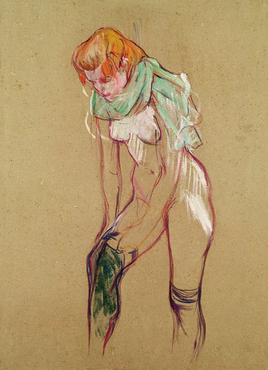 Žena si vytahuje punčochu, 1894 (olej na kartě) od Henri de Toulouse Lautrec
