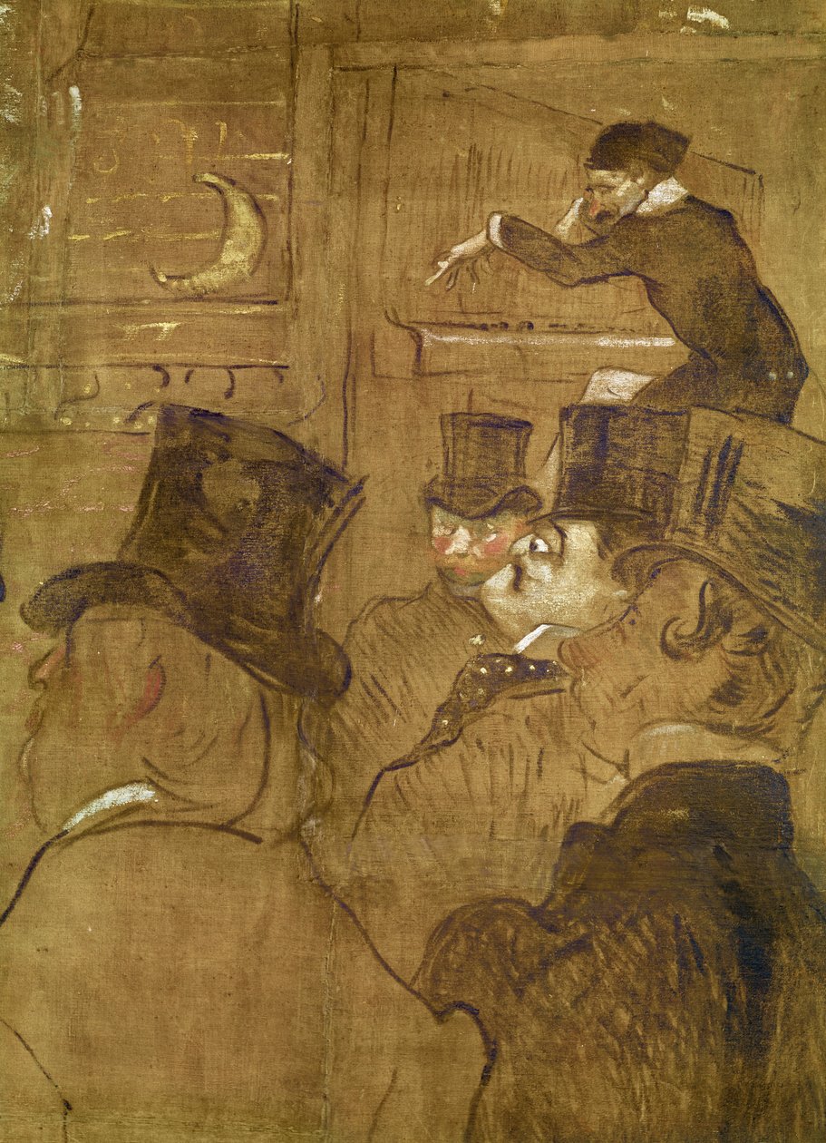 Značky pro chatu de la Goulue, na Foire du Trone v Paříži. Maurský tanec: La Gouloue Louise Weber ve Foire du Tréne detail Oscara Wilda, 1895, olej na plátně od Henri de Toulouse Lautrec