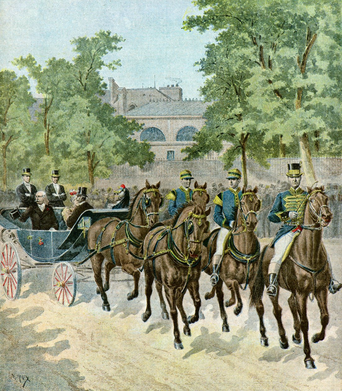 Příjezd Felixe Faureho na hipodrom, 1895 (Ilustrace) od Henri Meyer