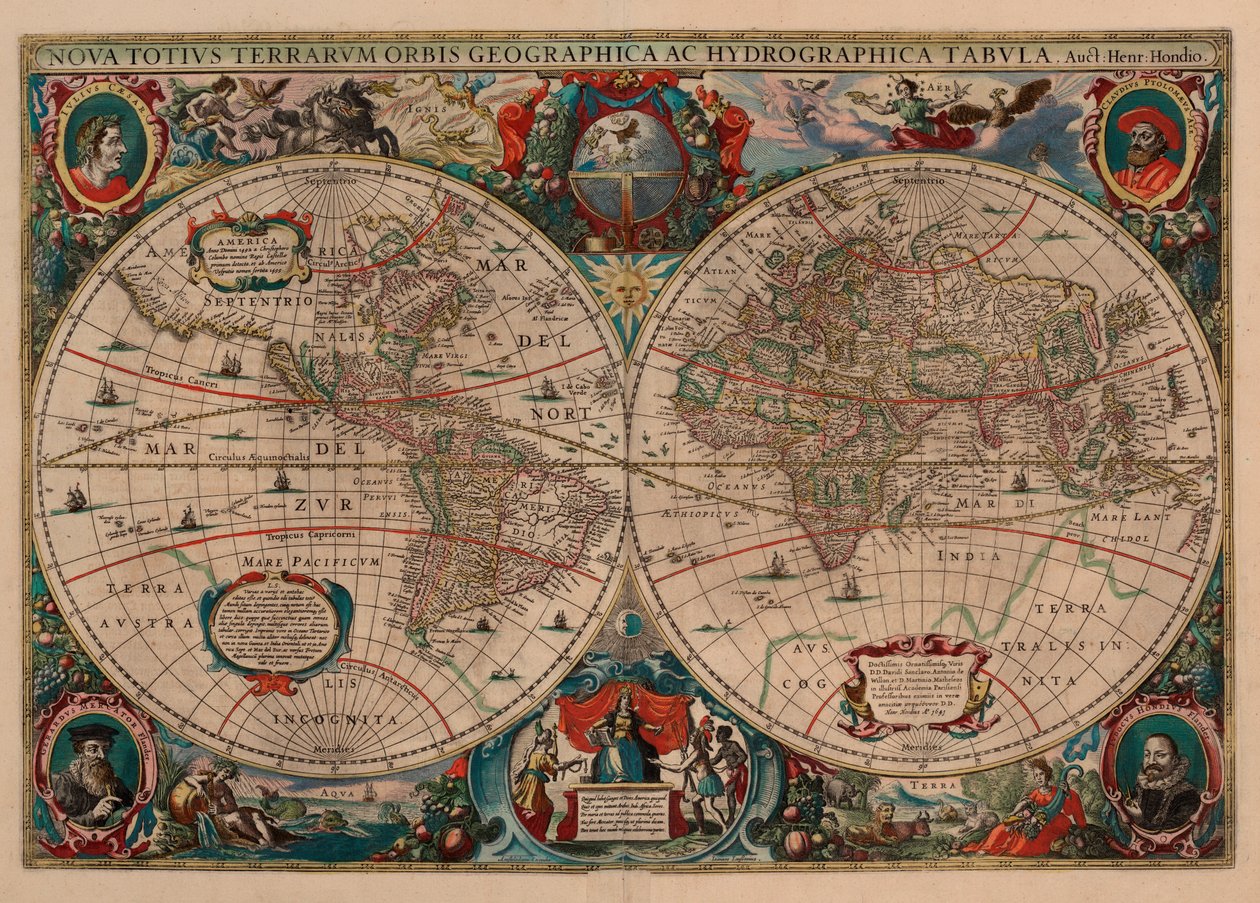 Nová mapa světa a hydrografická mapa od Henricus Hondius II