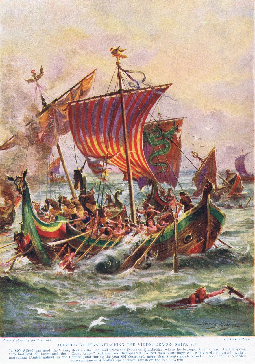 Alfredovy galéry útočící na vikingské dračí lodě, 897 n. l., ilustrace z 
