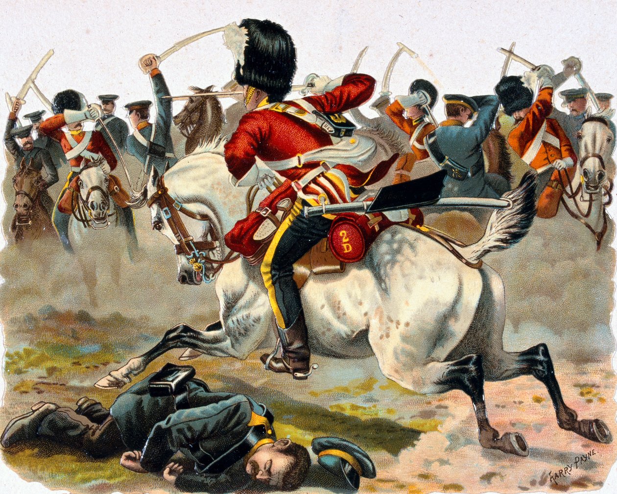 Seržant Ramage, Scots Greys, řítí se jednou rukou za pomoci Troopera Macphersona, 1854 (oleolitho) od Henry A. Payne