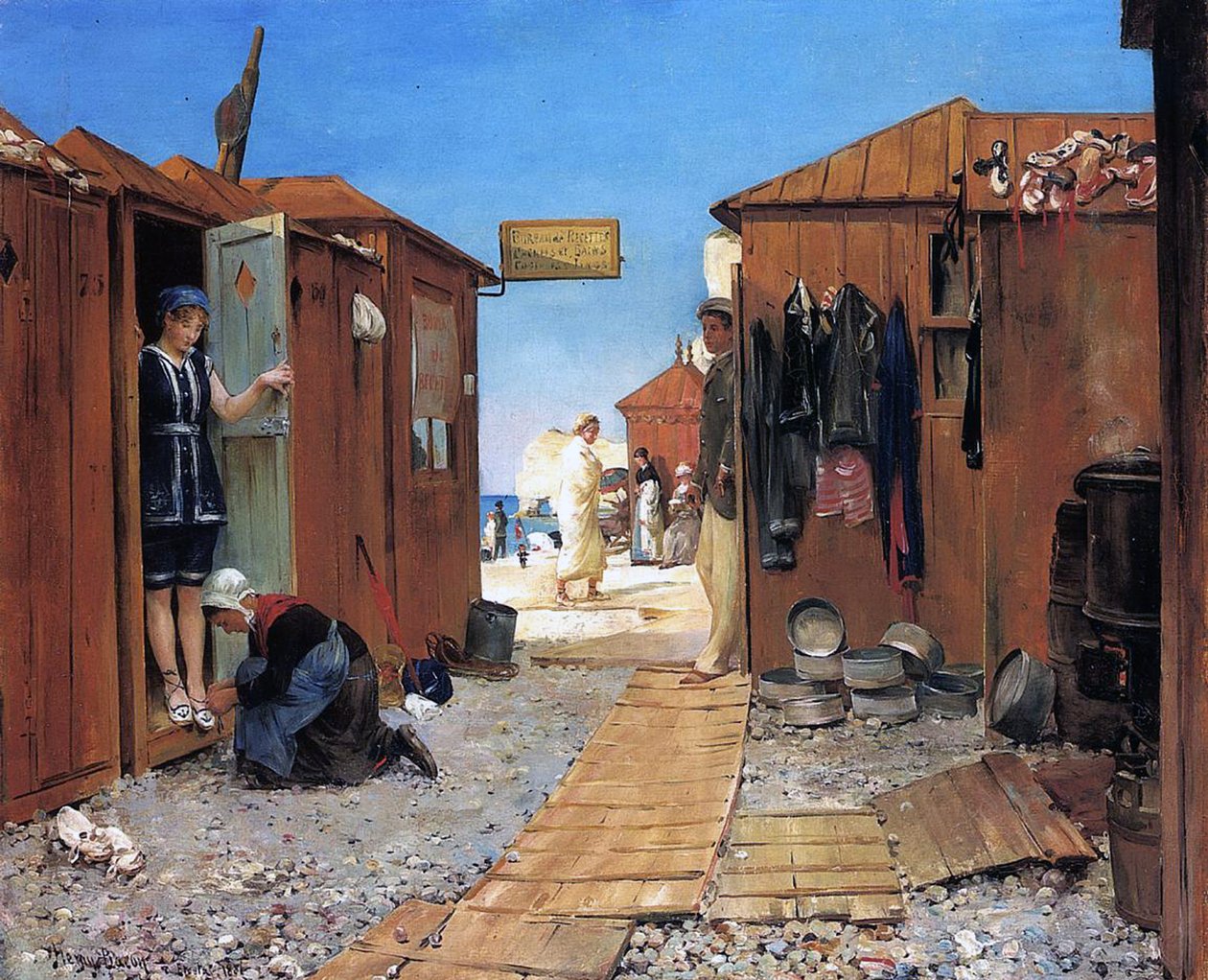 Plážové chatky v Etretat, Francie, 1881 od John Henry Frederick Bacon